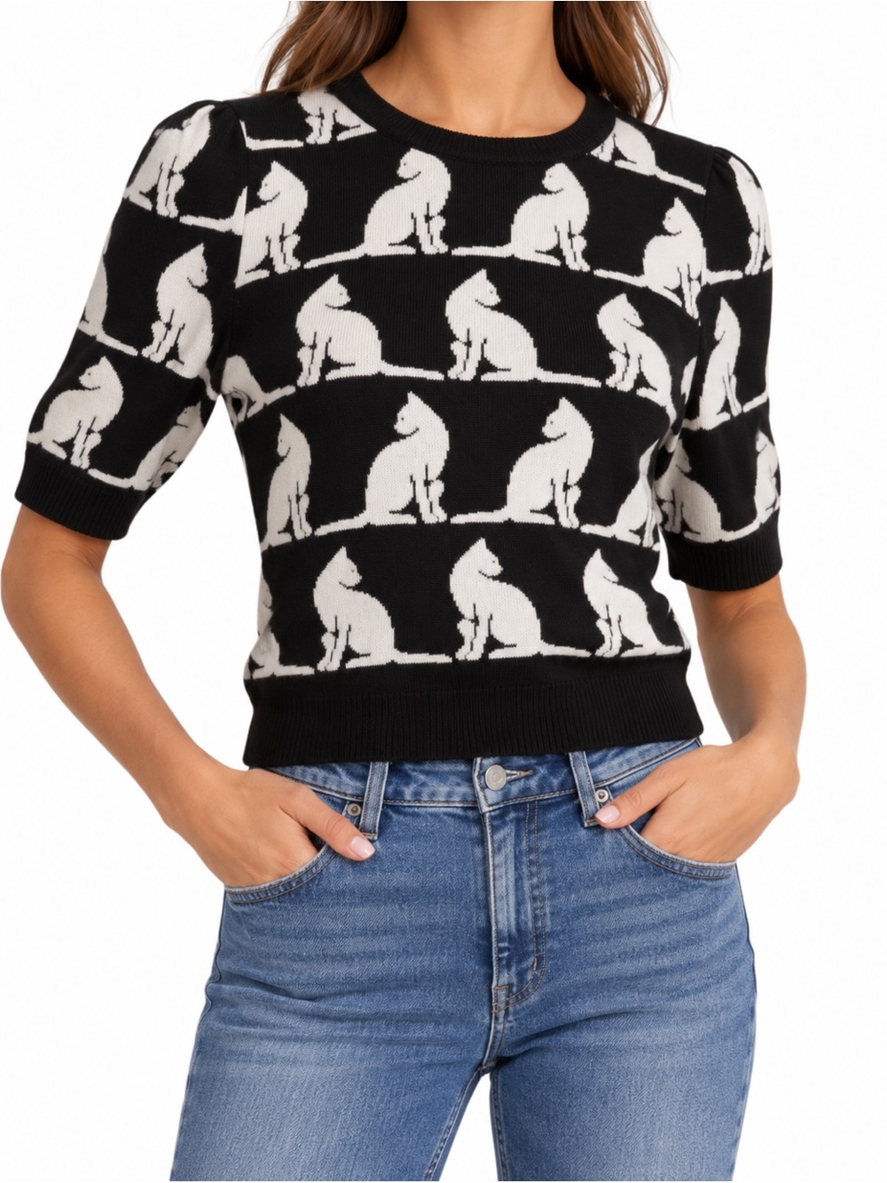 Maeve Anthropologie Cat Sweater Black White Short Sleeve XS